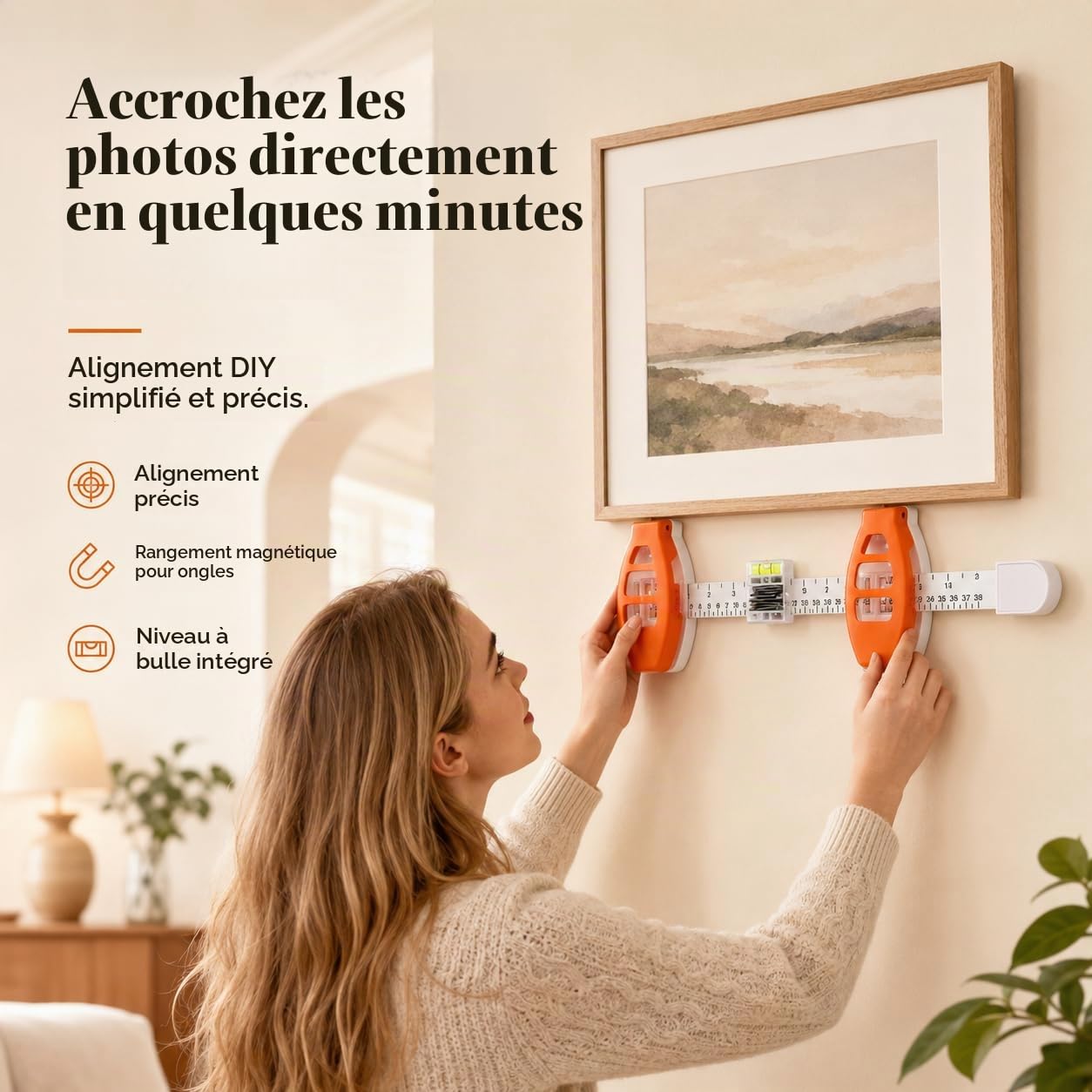 Niveau a Bulle, Regle Avec Niveau Integre, Niveau pour Cadre, Outil Accroche Cadre, Système De Mesure 3-En-1, pour Miroirs, Tableaux, pour Décoration Murale, Cadres Photo