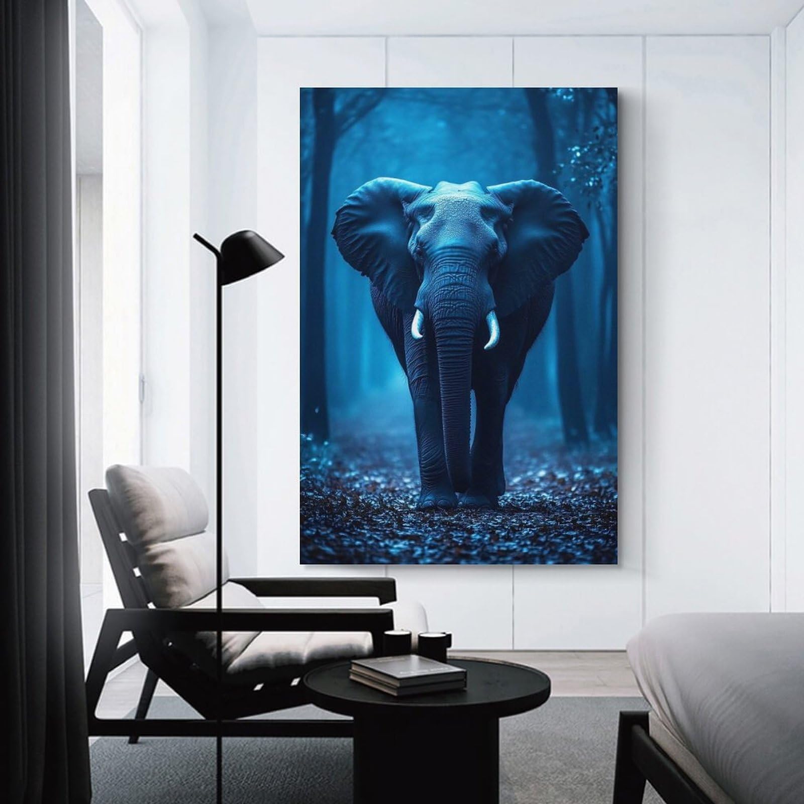 Junmoney Unframe-Style-19 Blue Elephant In Forest Canvas Art Print 20X30inch(50X75cm), For Calm Bedrooms, Home Corners Or Flats, An Easy Wall Refresh For Bedrooms