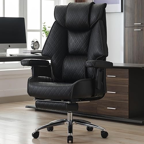 EXCEBET Big and Tall Office Chair with Footrest, PU Leather High Back Executive Office Chair 400lbs, Ergonomic Computer Chairs Lumbar Support for Heavy People (All Black) - All Black