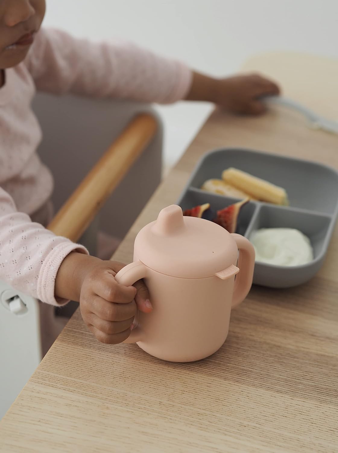 BEABA Sips and Bites 3 pc Silicone Suction Feeding Plate Set, Soft Durable Toddler Plates, Baby Feeding Set, (Rose)