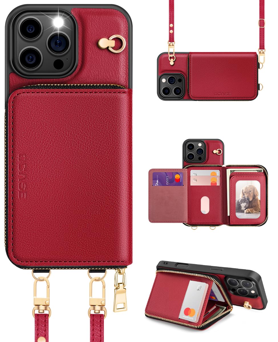 OCASE Compatible with iPhone 16 Pro Max Crossbody Wallet Case with Card Holder, PU Leather Zipper Handbag Phone Purse with RFID Blocking Kickstand