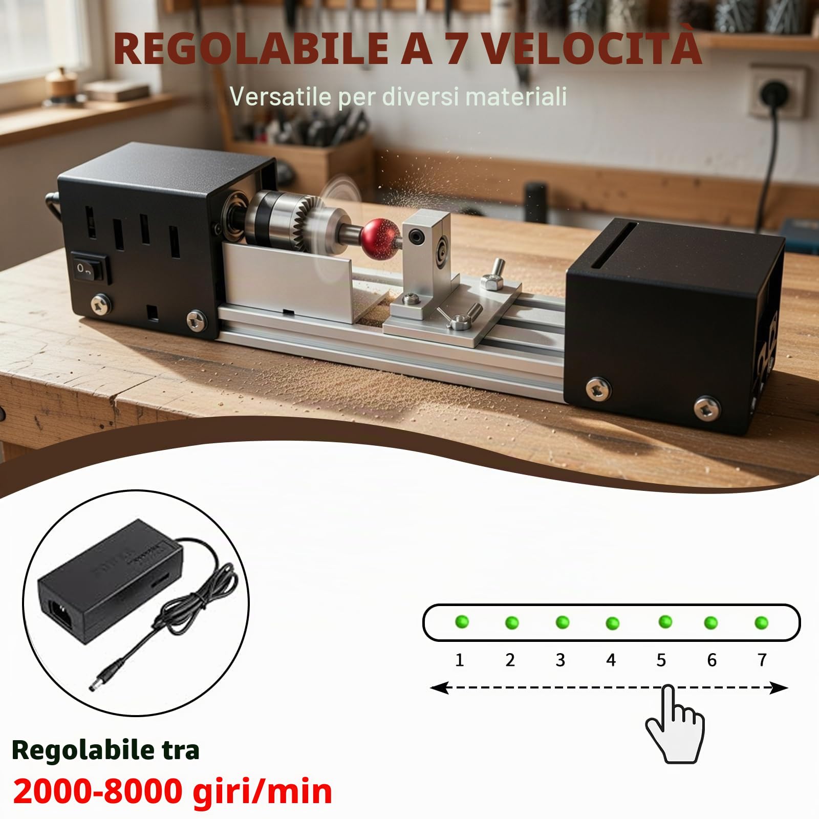 Tornio in metallo, mini tornio 2000 – 8000 giri/min, piccolo tornio con regolazione a 7 marce e mandrino di precisione, tornio per tornitura, levigatura e lucidatura