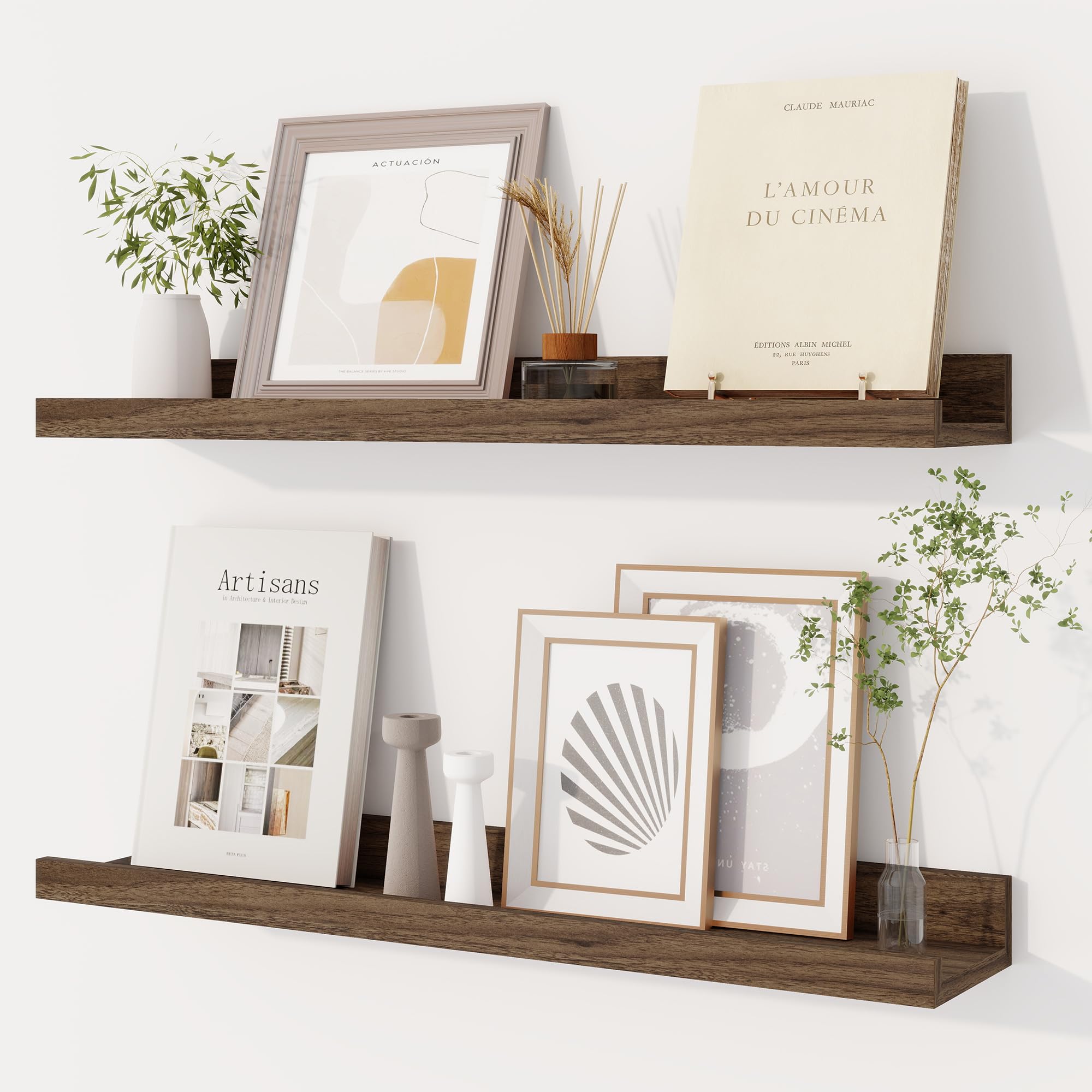 dreamland picture ledge shelf for wall, floating shelves set of 2, 24 inch long floating shelves with lip for living room, bedroom, bathroom, kitchen, walnut