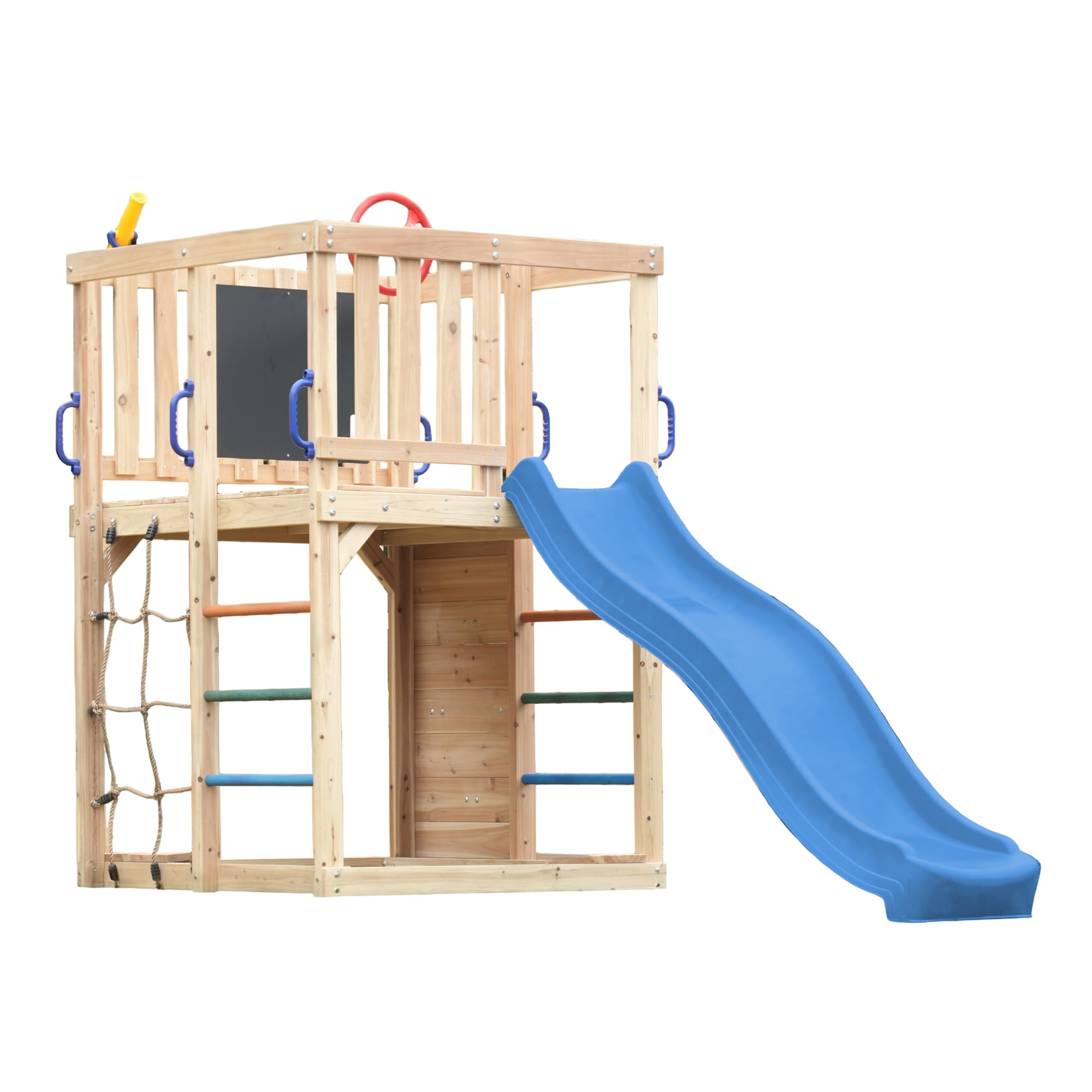 AXI Sam Wooden Playground, Blue Slide | Climbing Frame for Children with Wall, Net and Suspension Bars | Accessories Included | Garden Play Equipment