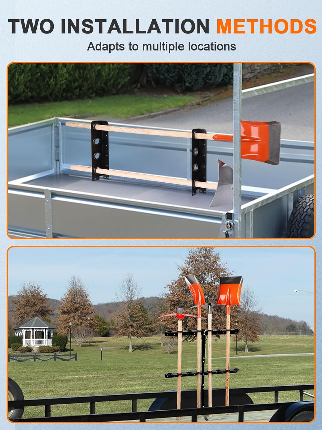 JDMON Trailer Tool Rack with 8 Tool Holes & Rear Support, Heavy Duty Steel Shovel Holder for Lawn Equipment, Thickened Base Landscape Hand Tool Rack Compatible with Open Trailers, Lawn, Yard