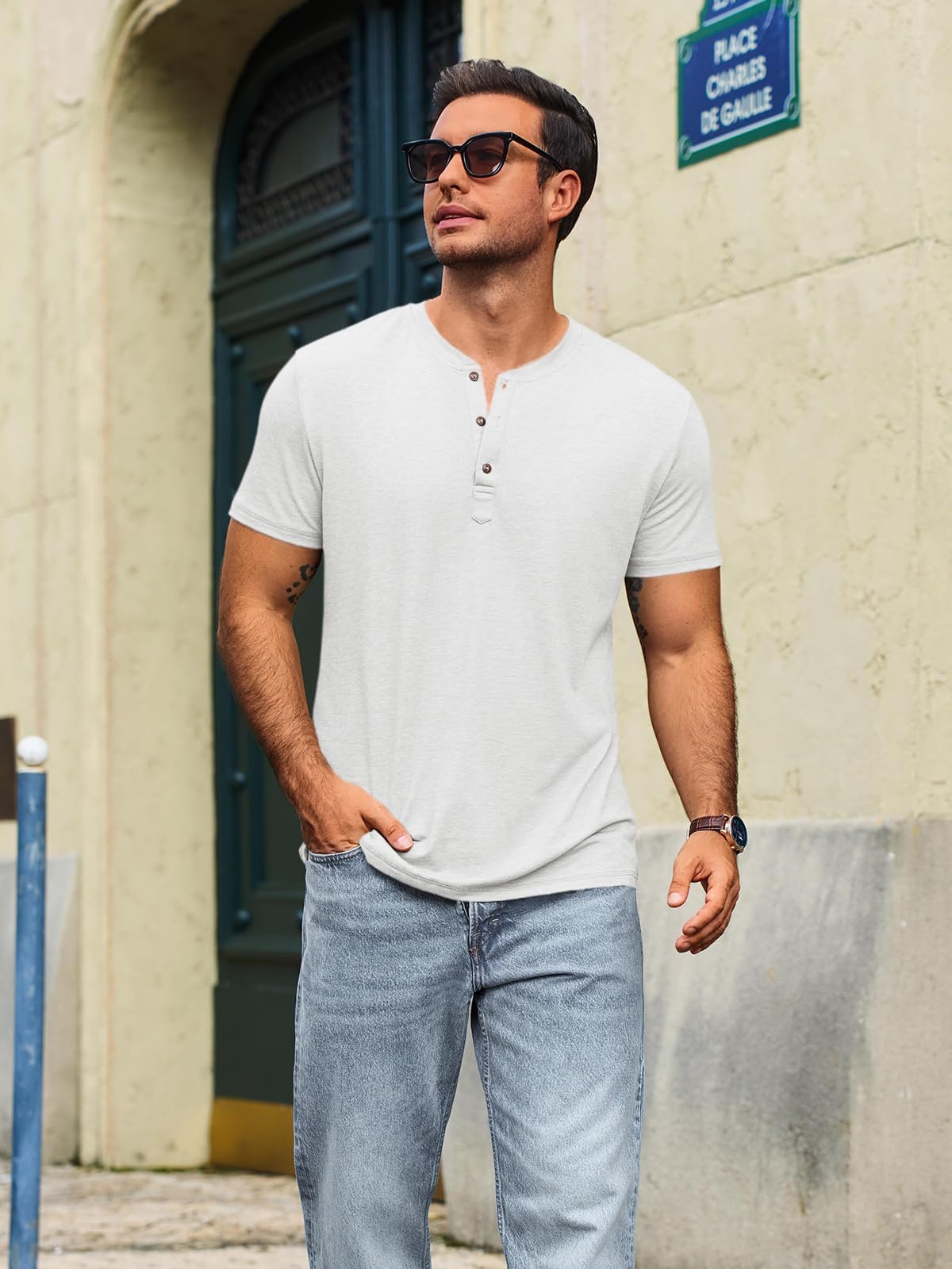 Runcati Męski T-shirt z krótkim rękawem, Henley, na lato, regularny krój, top, okrągły dekolt, jednokolorowa, basic, casualowa, z listwą guzikową