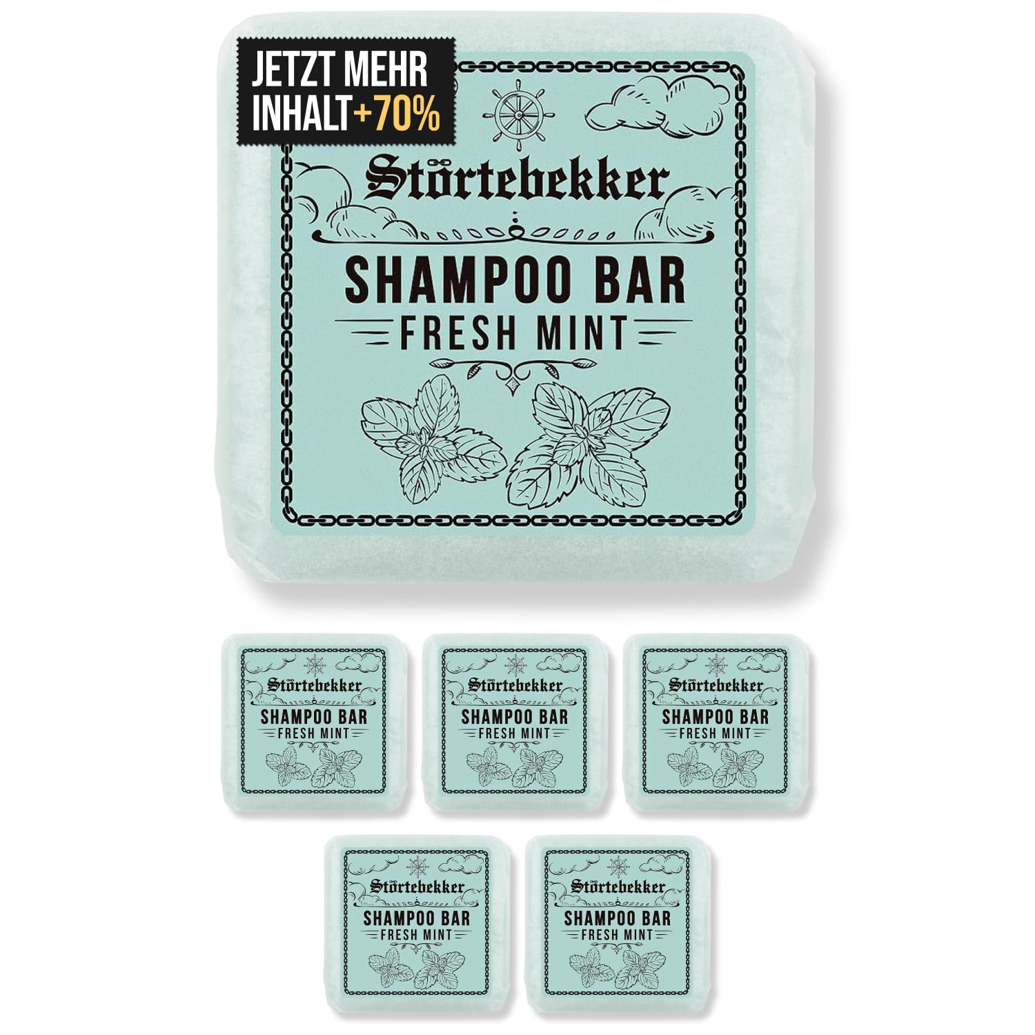 Störtebekker® Premium Shampoo Bar Fresh Mint (6x) - Festes Shampoo Herren & Damen - 3in1 Duschseife Männer für Haare, Kopfhaut & Bart - Feuchtigkeitsshampoo - vegan, handgefertigt - 6x100g