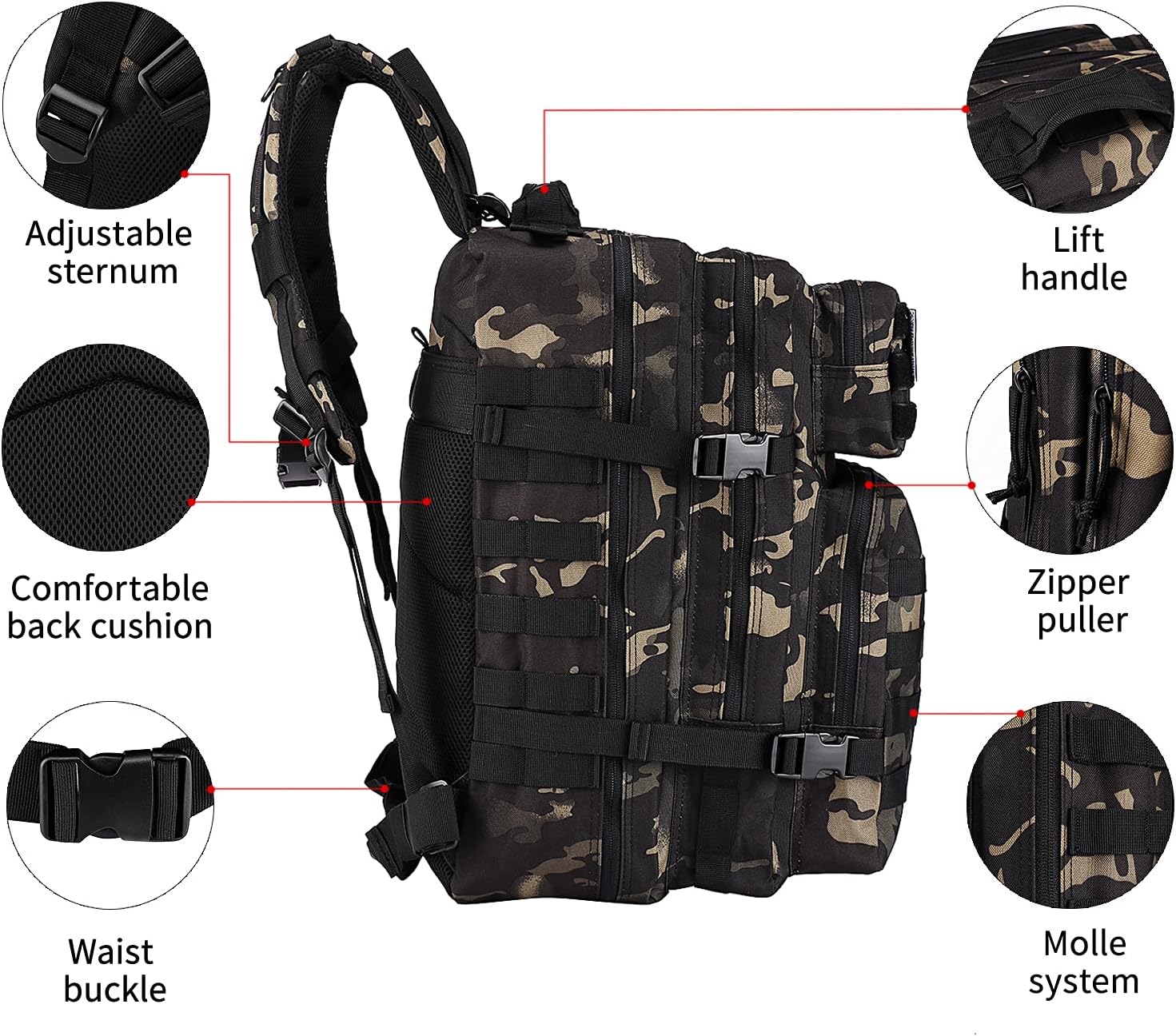 Oreunik Military Backpack Men's 45L Waterproof Tactical German Army Backpack Molle Backpacks Survival Backpack for Hiking Outdoor Trekking Camping Hiking Fishing Travel Work Schwarze