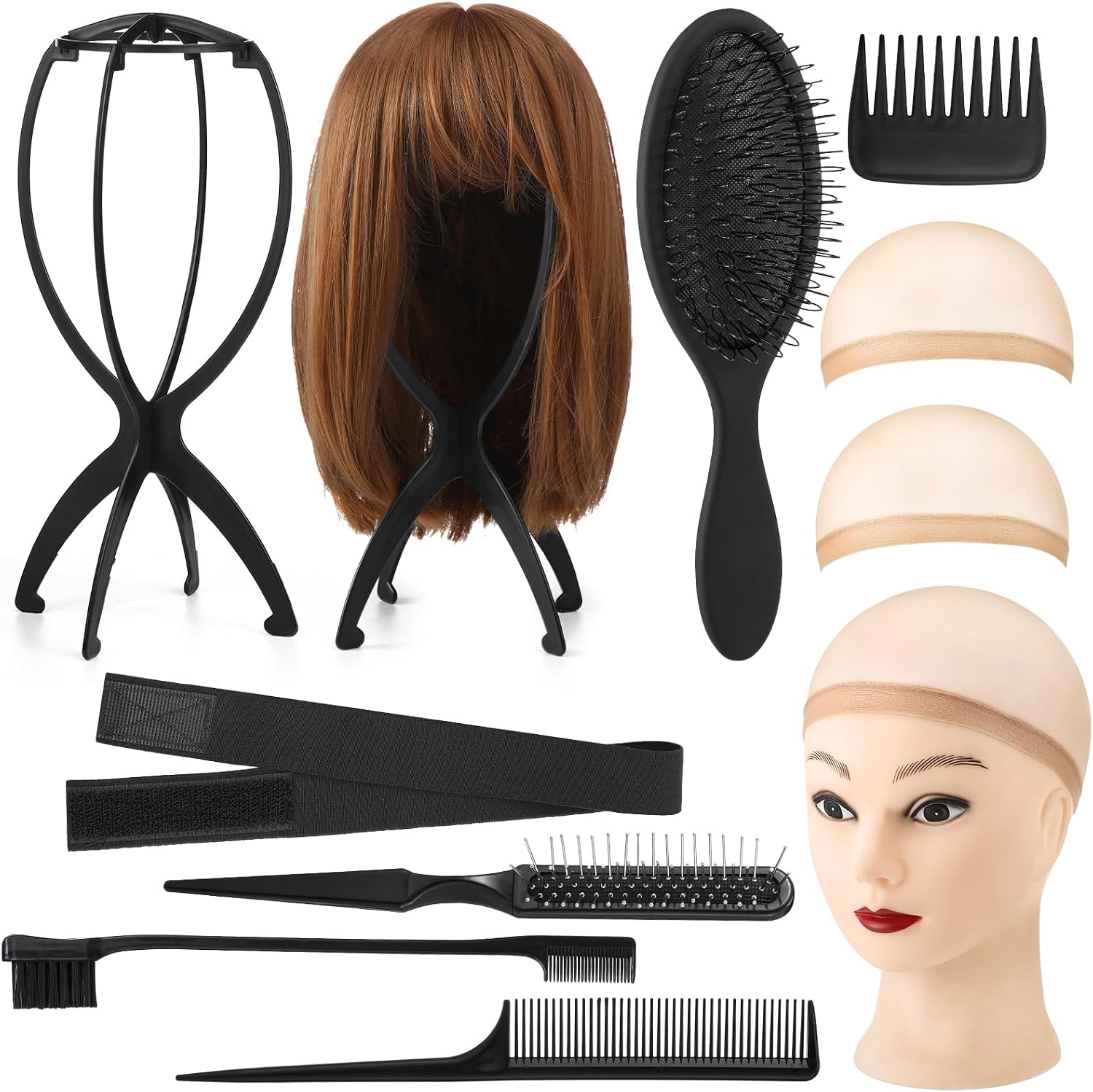 ProSuites 10-Pack Wig Head Stand Set: 2 Foldable 13.8" Stands, 5 Gentle Combs, 2 Nets & Grip Band for Travel, Home & Short Wigs