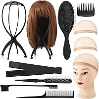 ProSuites 10-Pack Wig Head Stand Set: 2 Foldable 13.8" Stands, 5 Gentle Combs, 2 Nets & Grip Band for Travel, Home & Short Wigs