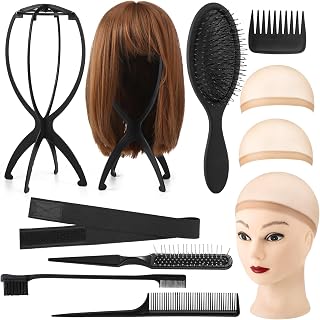 ProSuites 10-Pack Wig Head Stand Set: 2 Foldable 13.8" Stands, 5 Gentle Combs, 2 Nets & Grip Band for Travel, Home & Short Wigs