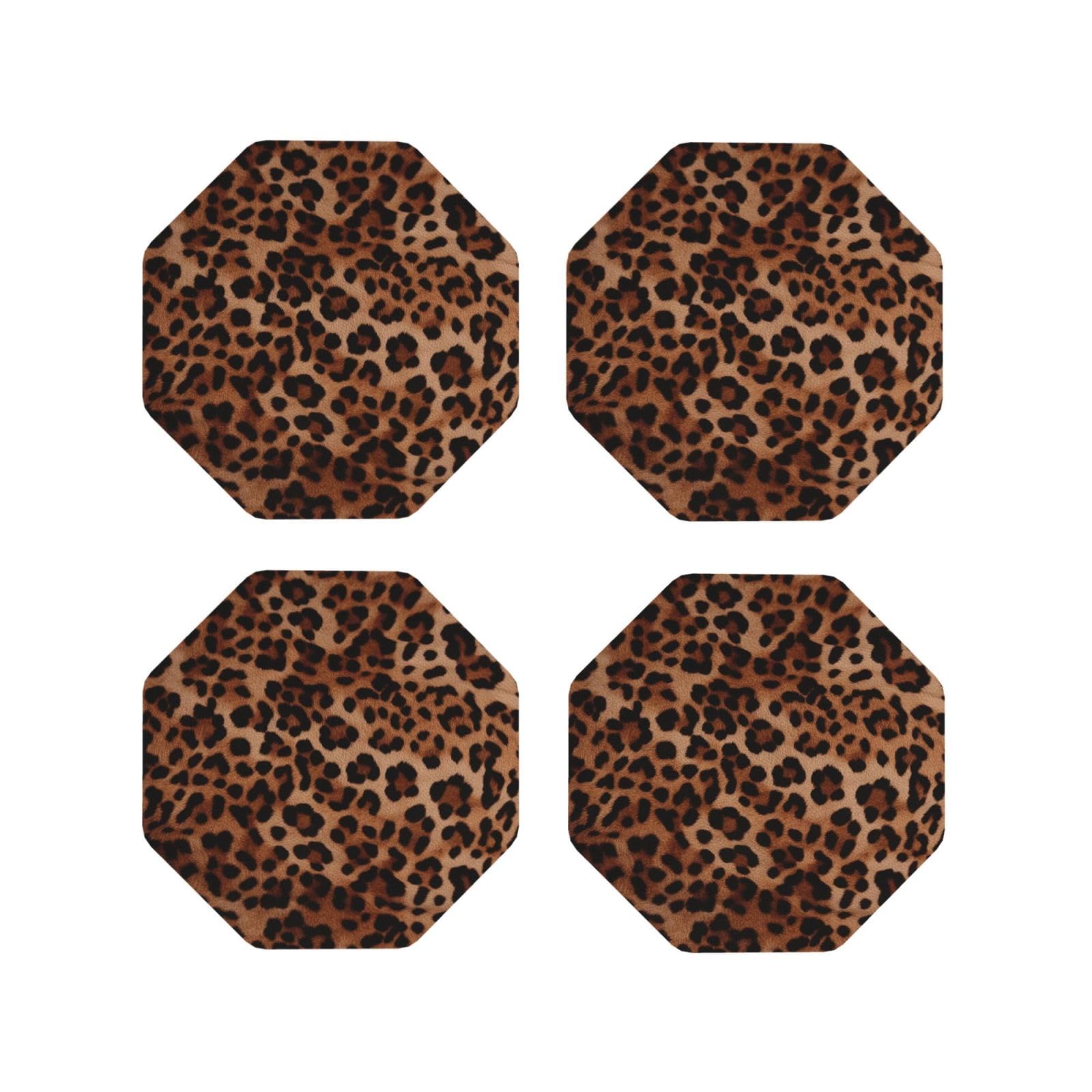 4Pcs PU Leather Coaster for Drinks, Leopard Print Cup Coastersr 4" Cup Mat Pad, Aesthetic Drink Coasters for Coffee Table, Octagon Coaster for Tabletop Protection