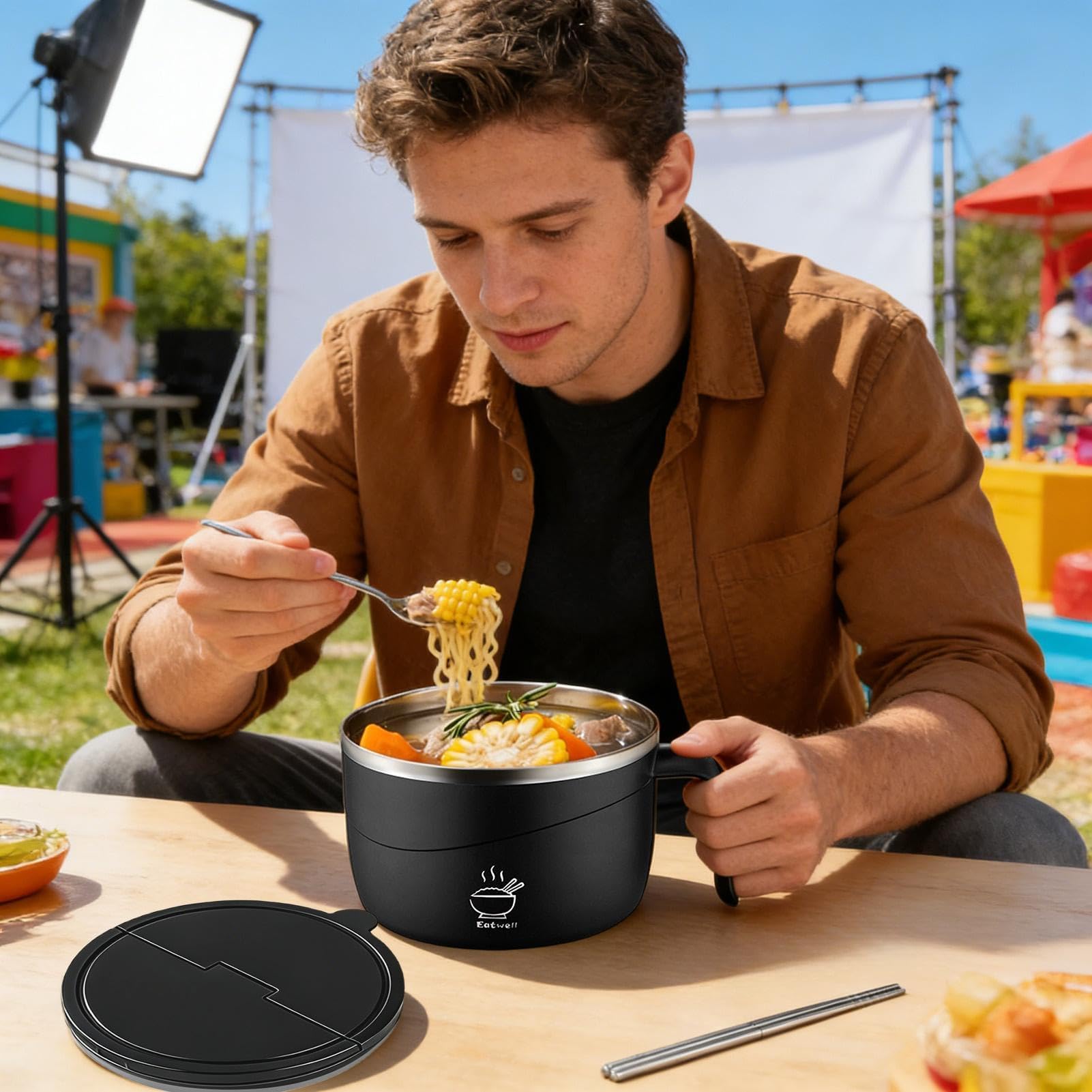 Set di ciotole per noodle, 1200 ml, tazze da zuppa portatili con coperchio e forchetta, resistenti al calore, per riso, pho, pasta, farina d'avena, insalata, ideali per casa, dormitorio universitario