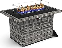 Vista 2 de Mesa para fogón de gas propano de 44 pulgadas para patio exterior, fogón rectangular al aire libre de mimbre de ratán de 60000 BTU con protector