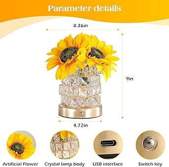 AMWGIMI Sunflowers Flower Lamp,Rechargeable Cordless Touch Table Lamp,3-Colour Infinitely Dimming Small Night Light,Festival Restaurant Bedroom Bar Coffee Shop Birthday Gifts for Women Mom