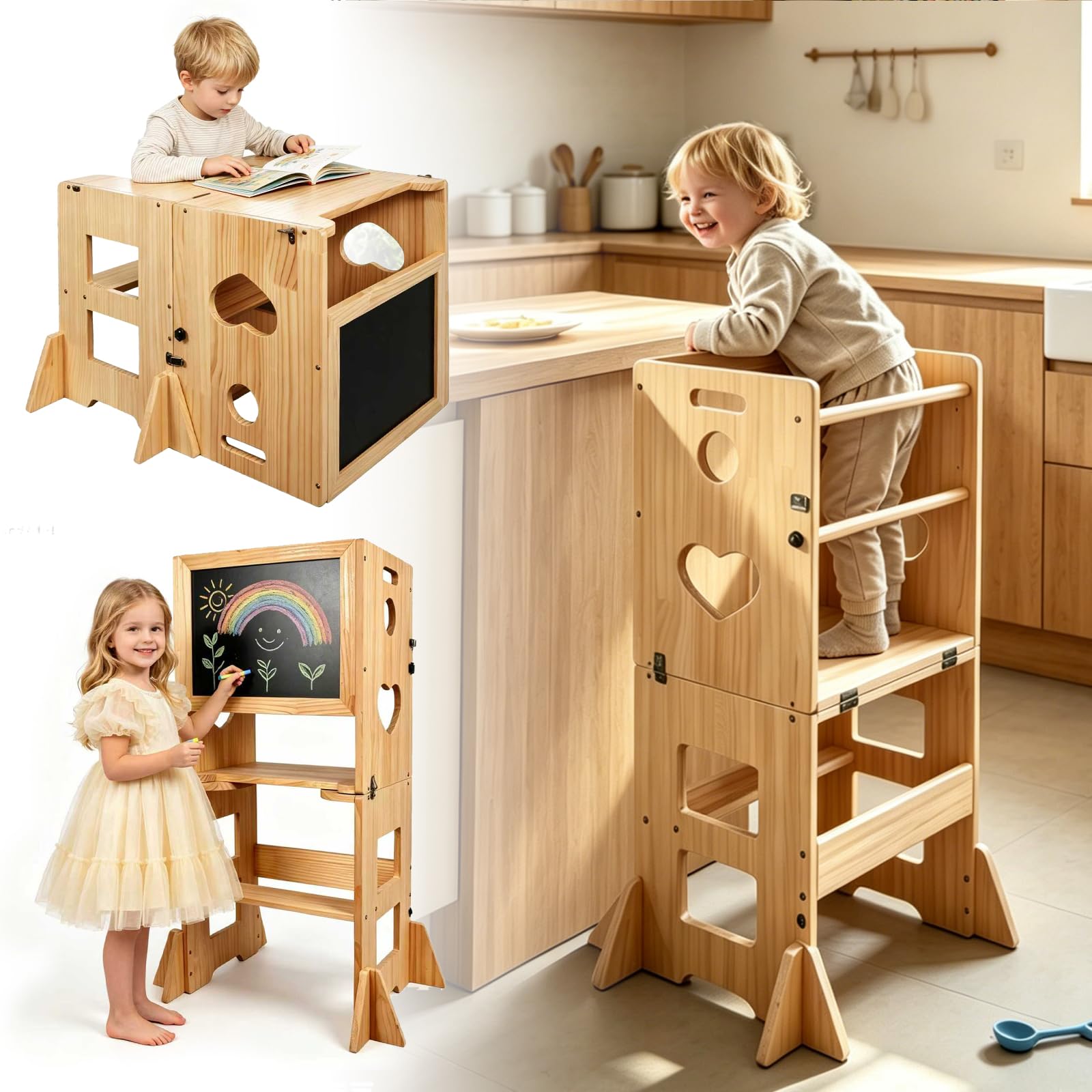 Photo 1 of Heifriday Toddler Kitchen Step Stool for Kids 4-in-1 Hardwood Foldable Learning Standing Tower with Blackboard and Anti-tip Pad,Wooden Kitchen Stool Helper for 1-3 Year Old Boy Girl Gifts