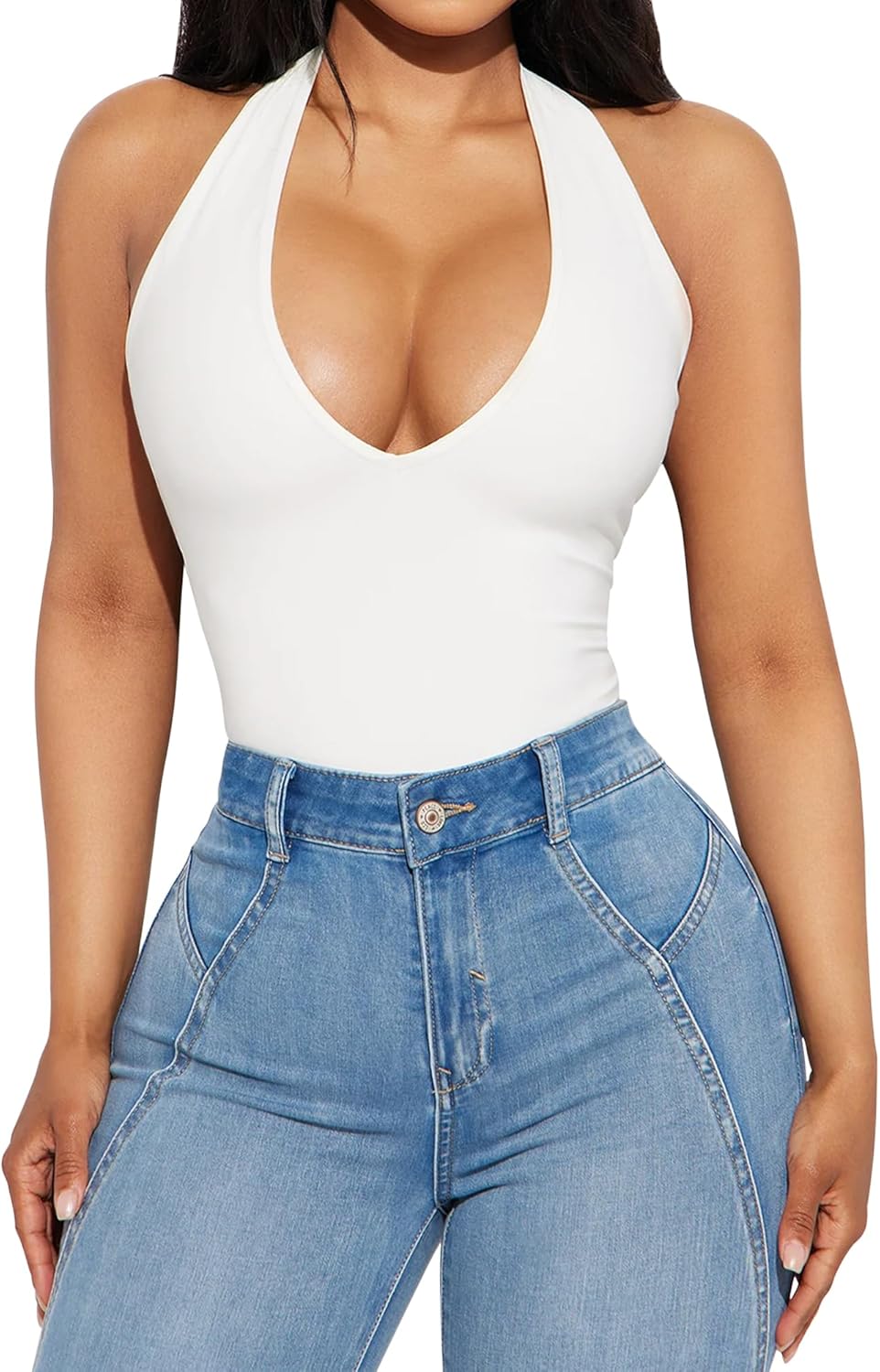 Women's Sexy Halter V Neck Bodysuit Tops Backless Leotard Sleeveless Jumpsuits - Image 2