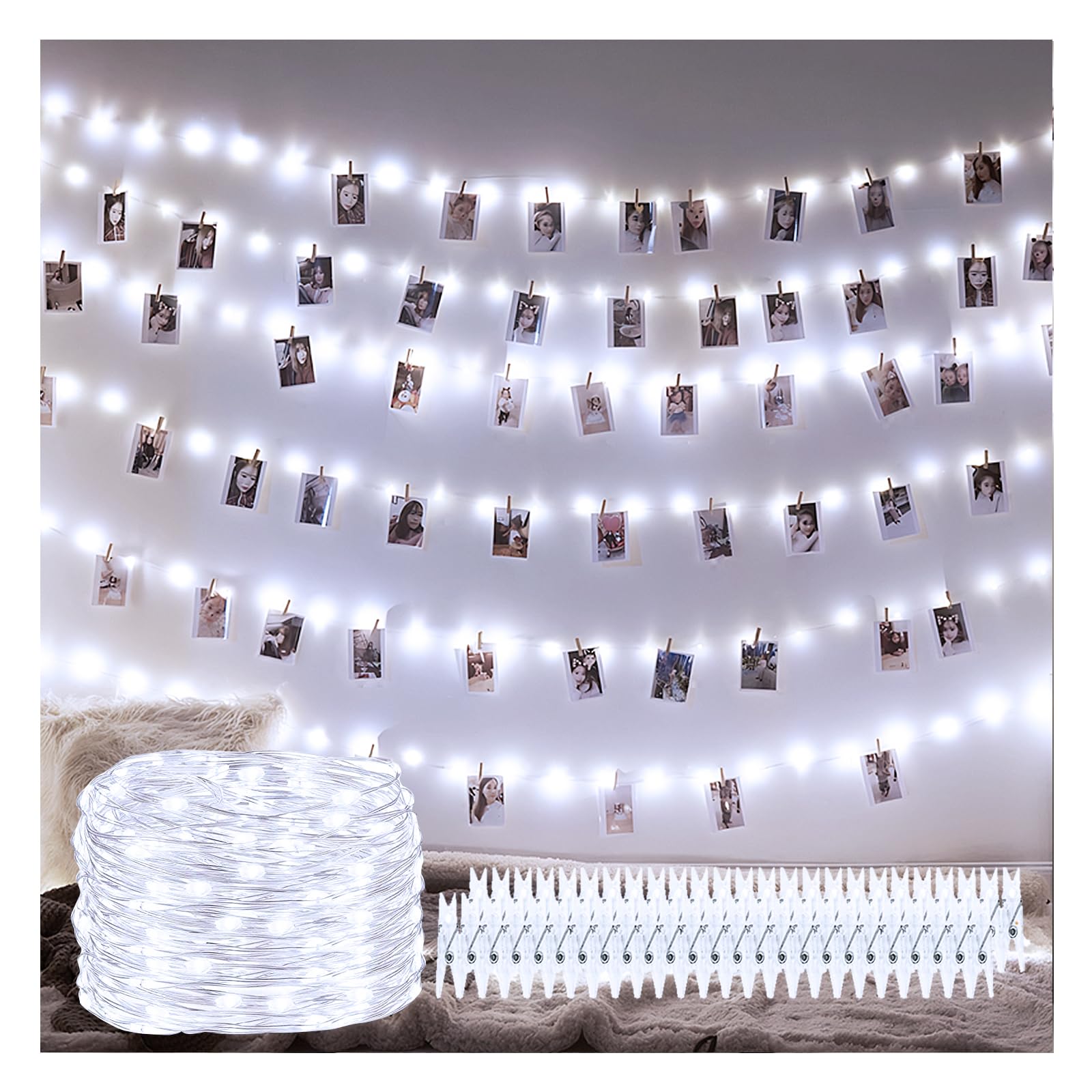 Decute 100 LED 50 Photo Clips String Lights Holder 33FT Starry Fairy Lights for Hanging Pictures Cards Memos USB Powered with Switch Perfect for Bedroom Wedding Dorm Christmas Decor (Cool White)