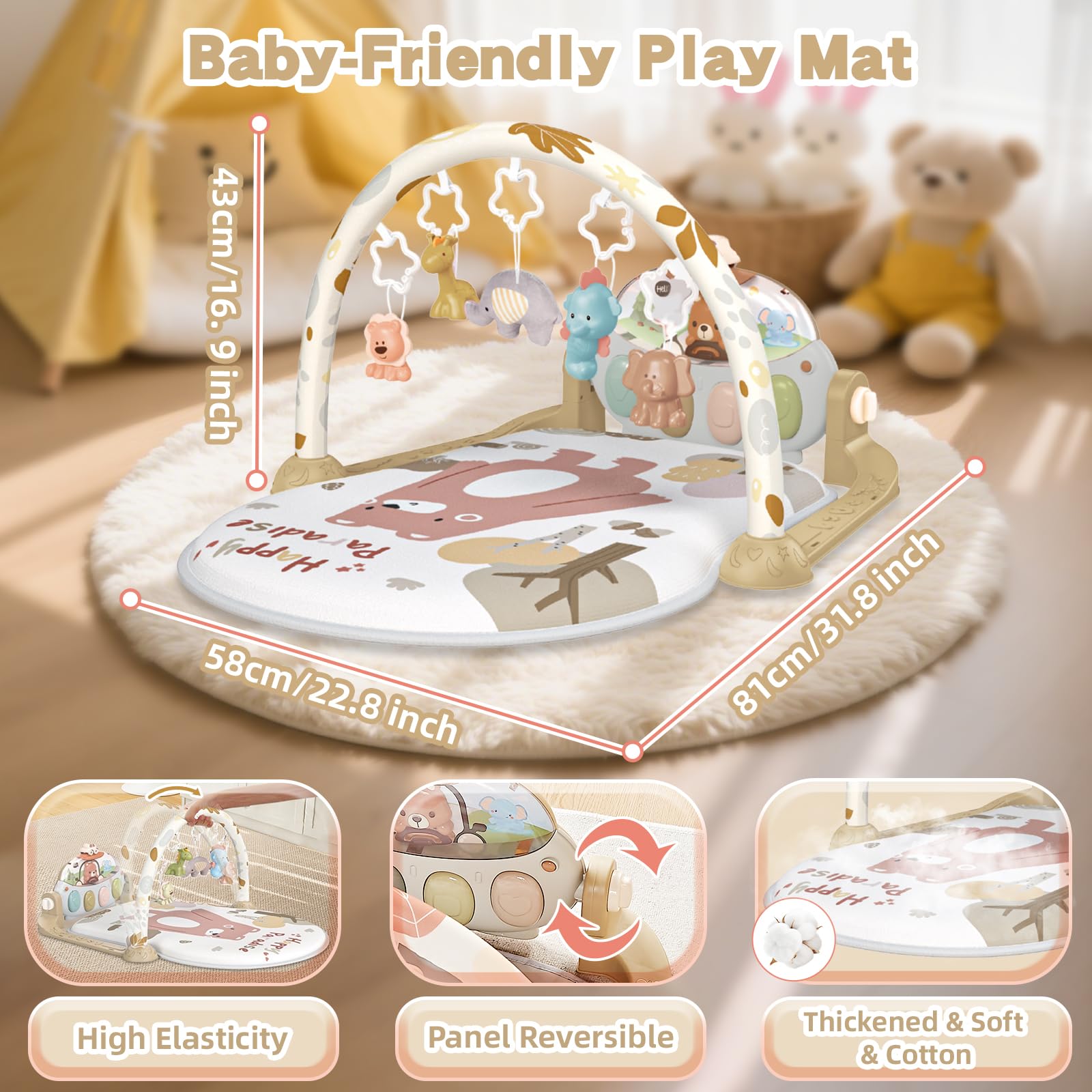Gimnasio Bebé Montessori 0-6 Meses, Manta Juegos Bebe con Musical de Piano Ajustable y Sonajero, Tapete de Actividades para Caminar, Juguetes Alfombra Sensorial Bebé 6-12 Meses (Marrón)