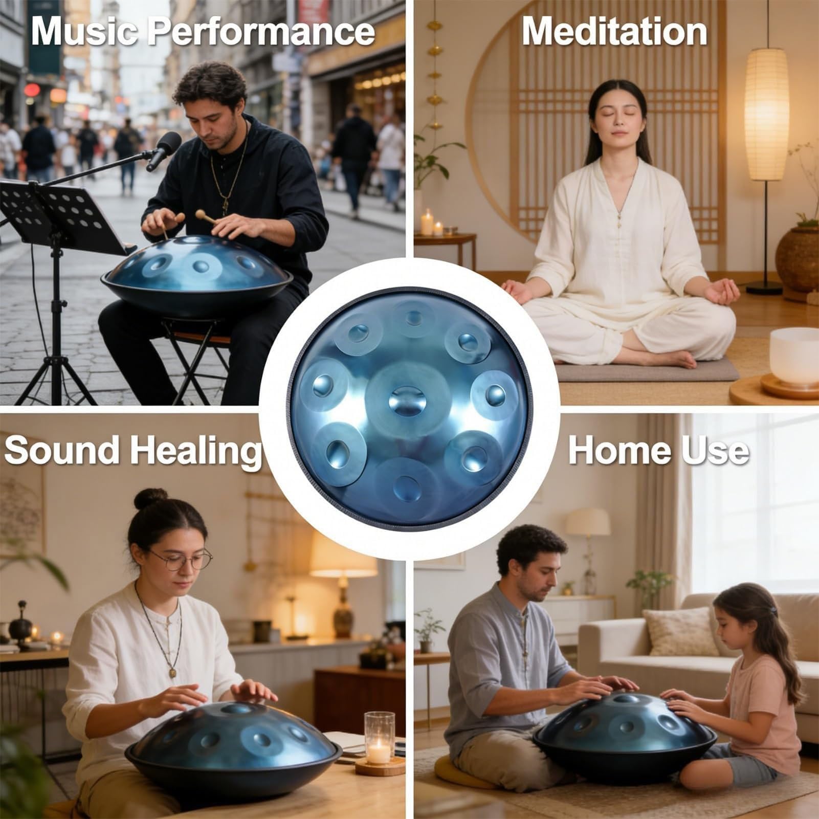 Handpan Drum 432Hz/440Hz, 9/10/12 Note Re Minore Tamburi Curdi Strumento Per Adulti, Tamburo A Percussione In Acciaio Da 22 Pollici Per La Meditazione Yoga(Silver,10 NOTES-440HZ)