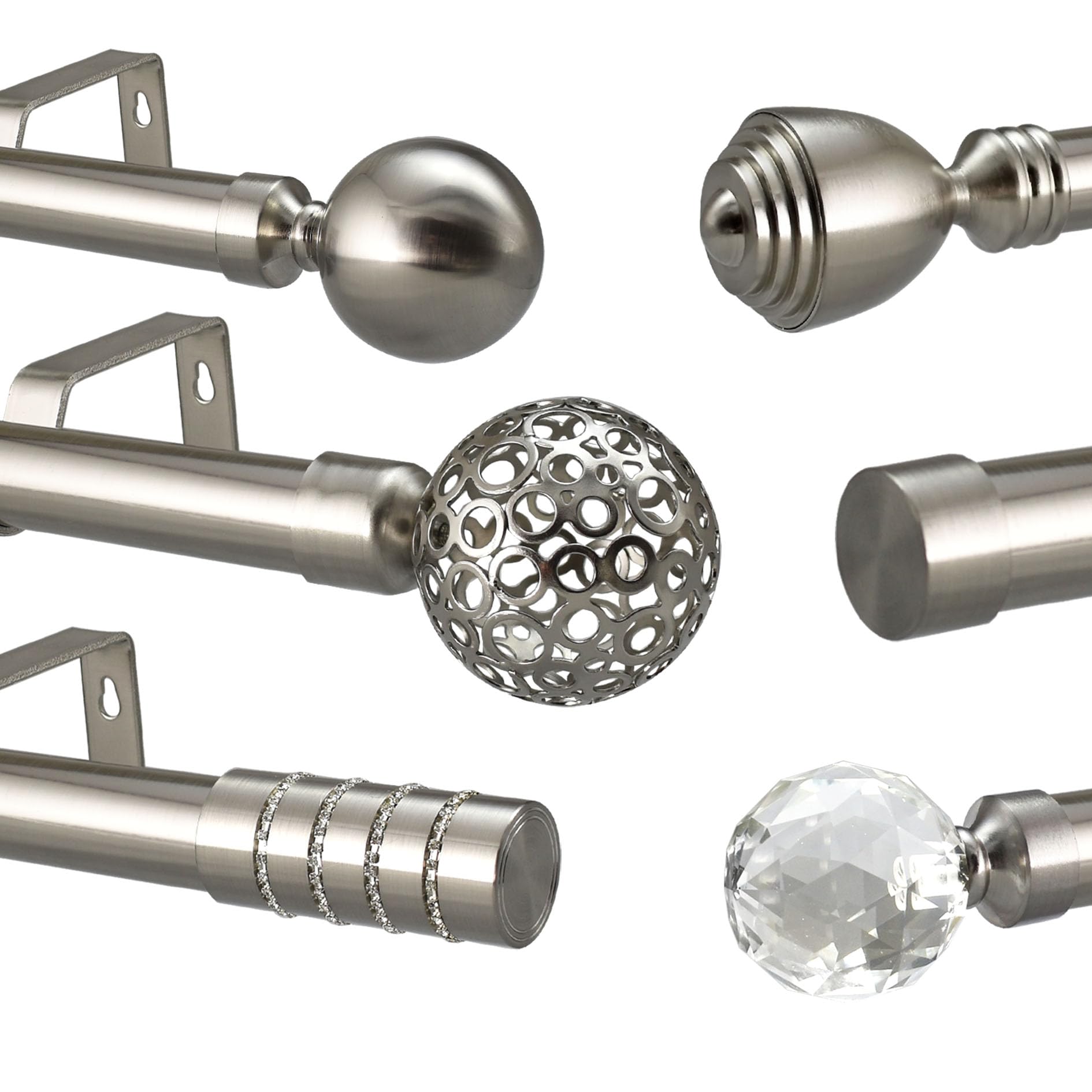 28mm Diameter Extendable Eyelet Metal Curtain Pole Metal Finials Brushed Chrome (1.2m - 2m Extendable, Sofia Finial)