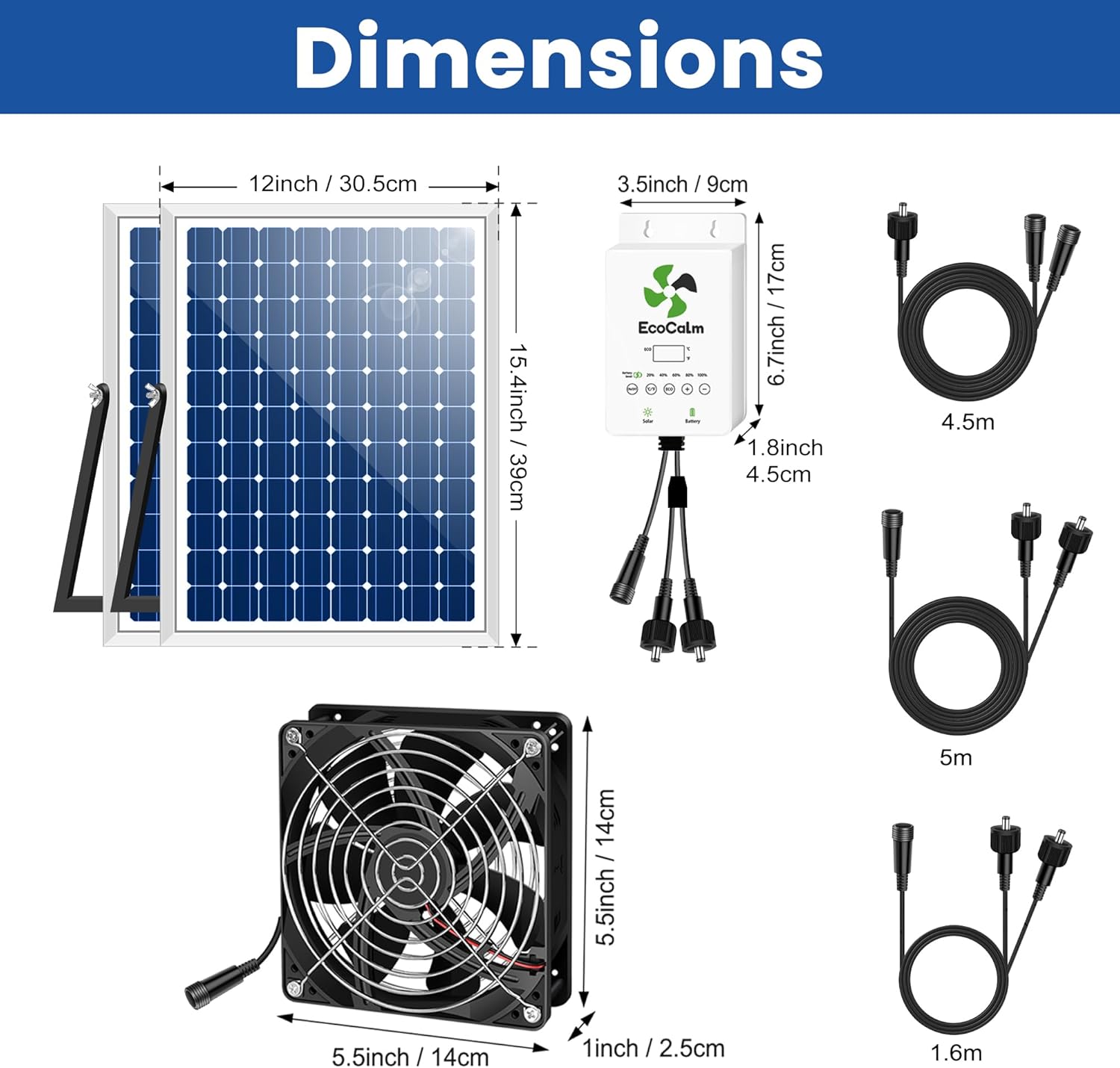 Solar Exhaust Fan for Greenhouse with Battery and Adjustable Thermostat, Solar Powered Fan with 2PCS 20W Bifacial Solar Panel & Triple 5.5" Fans Kits