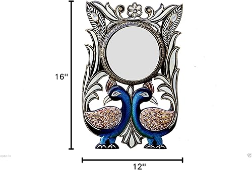 Miniatura 8 de Hastha Kalalu - Espejo de pared de madera elegante adornado colgante dormitorio decorativo pavo real elefante 16