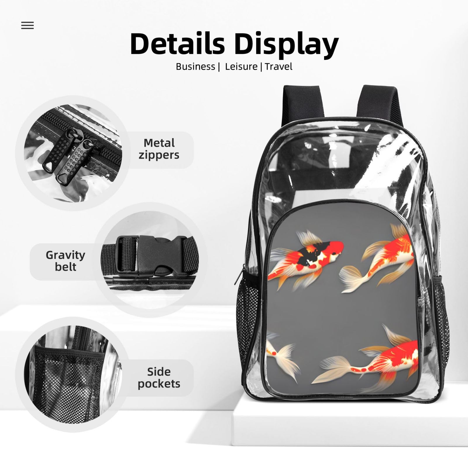 Carpes koï traditionnelles avec imprimé pois Unisexe Sac à dos transparent pour l'école, les voyages, l'extérieur, sac à déjeuner transparent 3 pièces