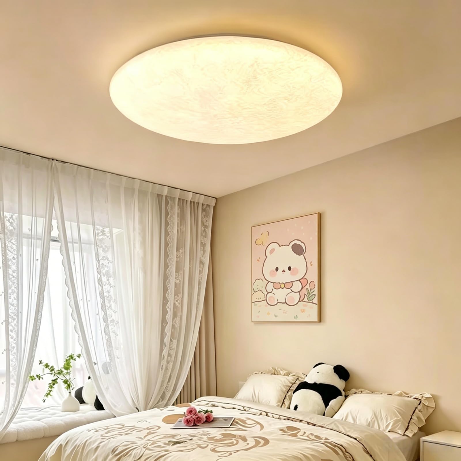 LED Deckenleuchte,50cm Wabi Sabi Boho Lampenschirm Deckenlampe | Imitation Seide lampenschirm,Japanische Deko Lampe,3-Farben Dimmbar,Für Wohnzimmer Esszimmer Schlafzimmer Und Flur