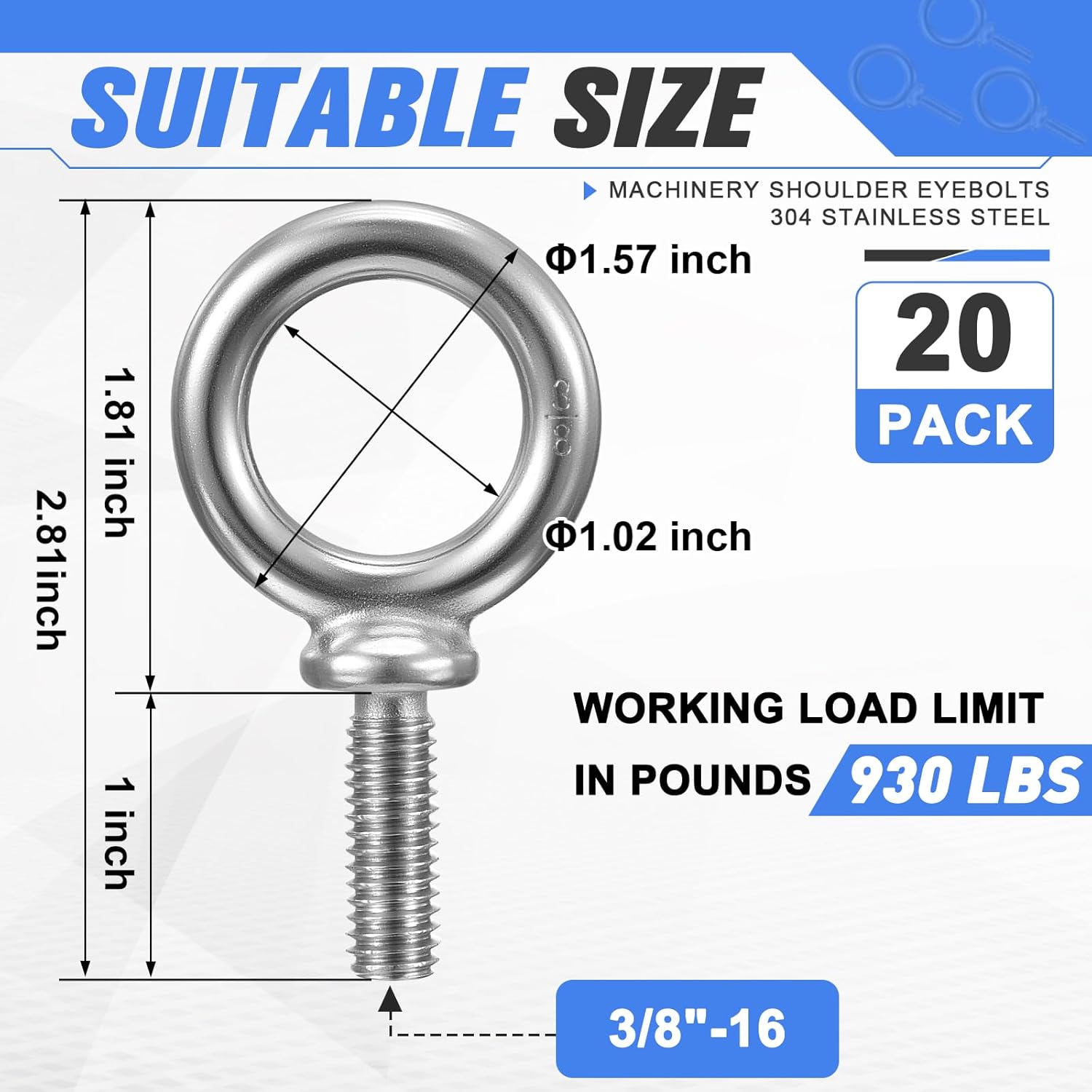 Hicarer 20 Pack Lifting Ring Shoulder Eye Bolt 3/8"-16 x 1 Machinery Shoulder Eyebolts 304 Stainless Steel Threaded Nut Fastener