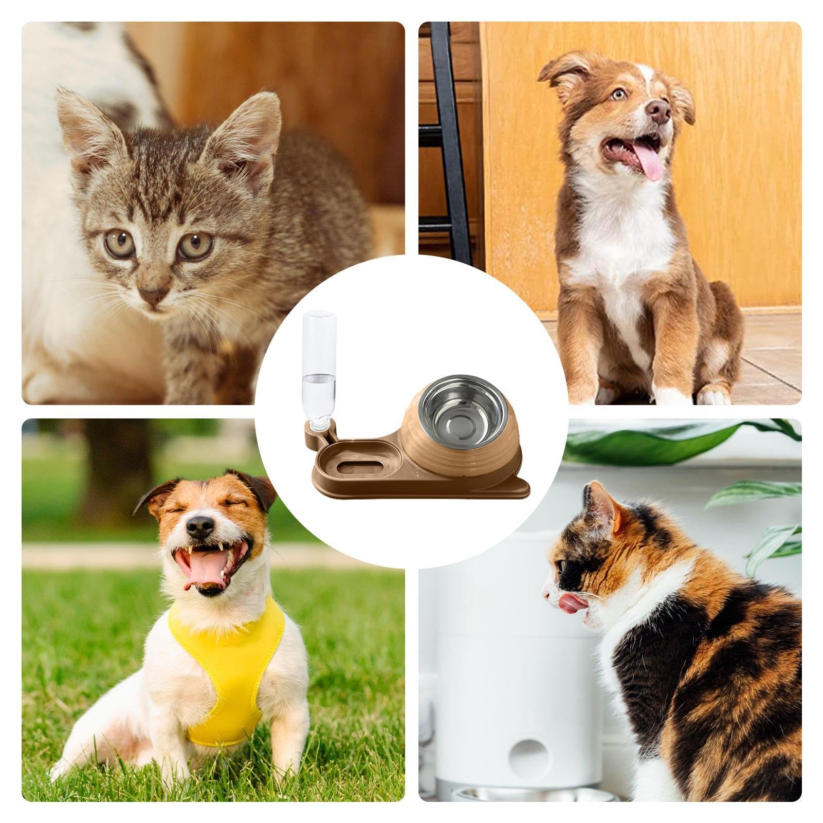 Comedero para Mascotas, Comedero for Gatos con dispensador de Agua - for Botella | Set comedero y Bebedero Inclinado Estable for Mascotas(Dark Brown)