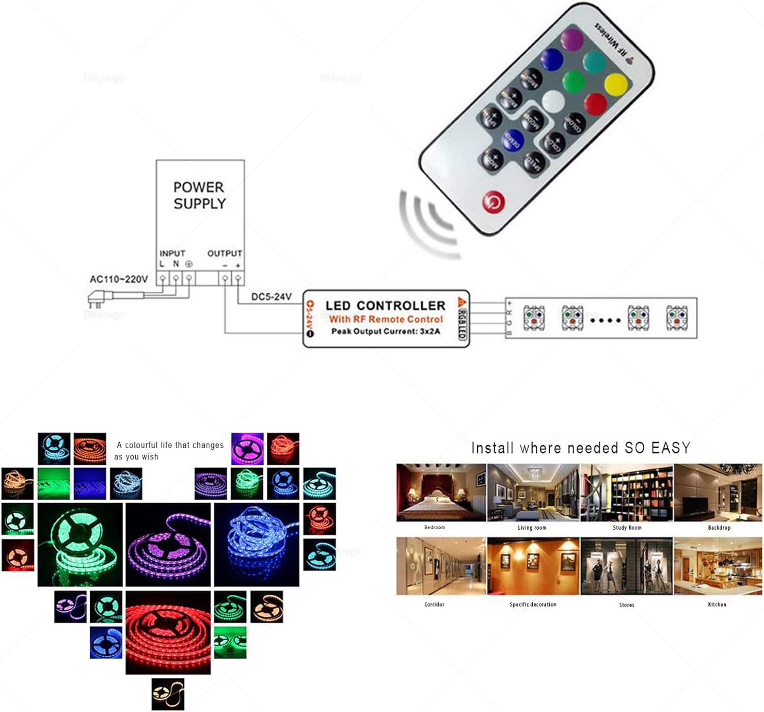 DC 12V RGB LED Controller with 17-Key RF Wireless Remote Control Dimmer for 5050 3528 5630 LED Strip Lights(6 Pack)