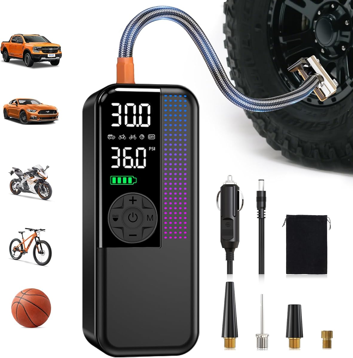 Tire Inflator Portable Air Compressor, 150 PSI Cordless Air Pump, Dual Power 6000mAh, 12V DC Car Plug, Fast Inflation 24L/Min, Auto Shut-Off, LED Light, 4 Preset Modes for Car, Bike, Motorcycle, Balls