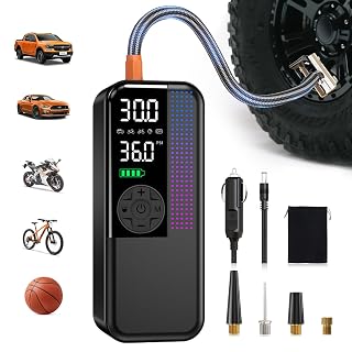 Tire Inflator Portable Air Compressor, 150 PSI Cordless Air Pump, Dual Power 6000mAh, 12V DC Car Plug, Fast Inflation 24L/Min, Auto Shut-Off, LED Light, 4 Preset Modes for Car, Bike, Motorcycle, Balls - Amazon product rated Grade A