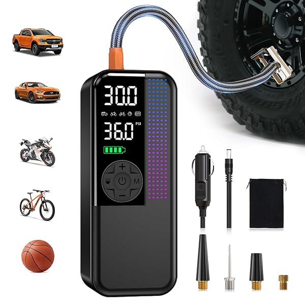 Tire Inflator Portable Air Compressor, 150 PSI Cordless Air Pump, Dual Power 6000mAh, 12V DC Car Plug, Fast Inflation 24L/Min, Auto Shut-Off, LED Light, 4 Preset Modes for Car, Bike, Motorcycle, Balls