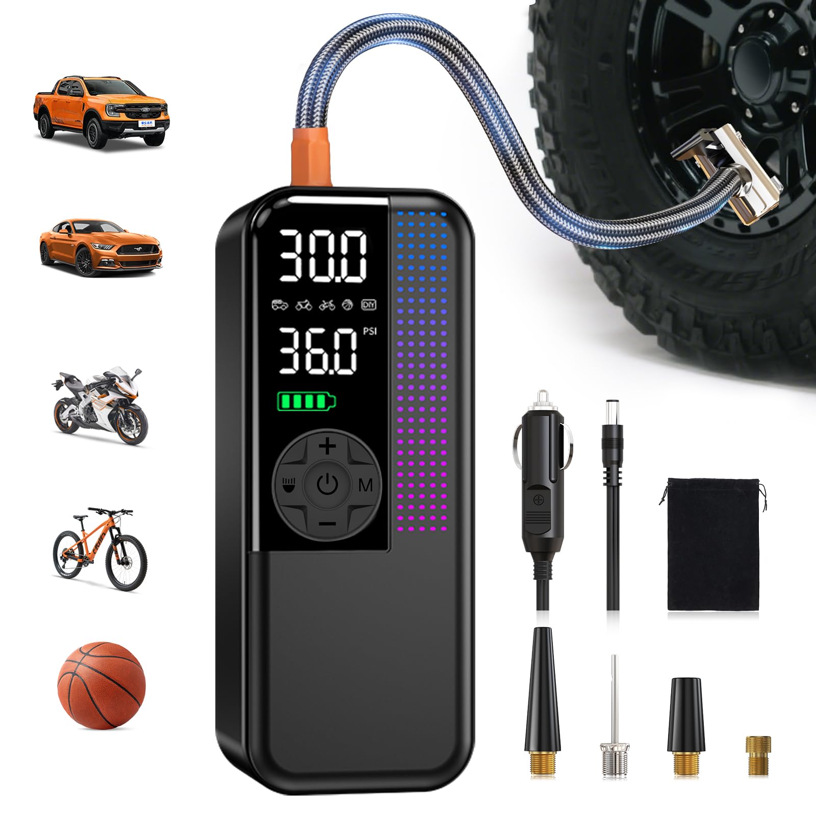 Tire Inflator Portable Air Compressor, 150 PSI Cordless Air Pump, Dual Power 6000mAh, 12V DC Car Plug, Fast Inflation 24L/Min, Auto Shut-Off, LED Light, 4 Preset Modes for Car, Bike, Motorcycle, Balls