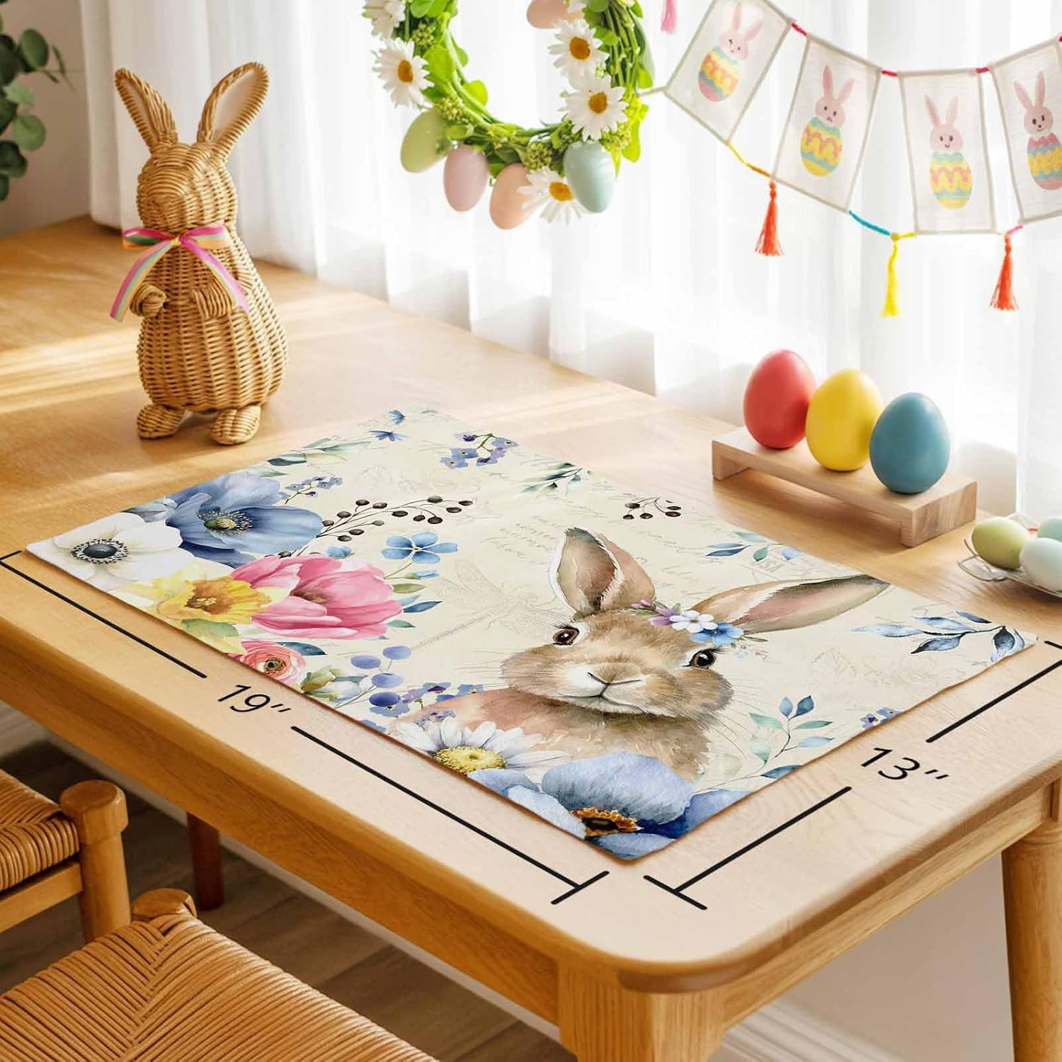 Easter Placemats Bunny Rabbit Flower Floral Place Mats for Dining Room Dinner Table Leaves Branch Plant Washable Table Mats Spring Easter Day Kitchen Decorations Set of 8