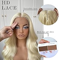 Vista 3 de 613 Peluca de encaje frontal HD sin pegamento predesfilada rubia de encaje transparente frontal sintética larga de ondas corporales con línea