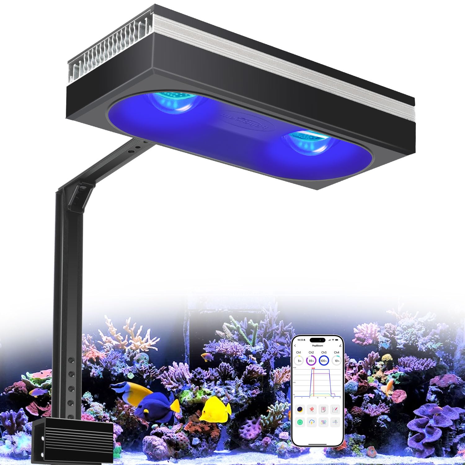 PopBloom RL180 WiFi Meerwasser LED 180W, Salzwasser LED Beleuchtung für Reef Coral Fish Wasserpflanzen Salzwasser Aquarium,APP unterstützt Deutsch (RL180 PUR über 200W, Montagearm)