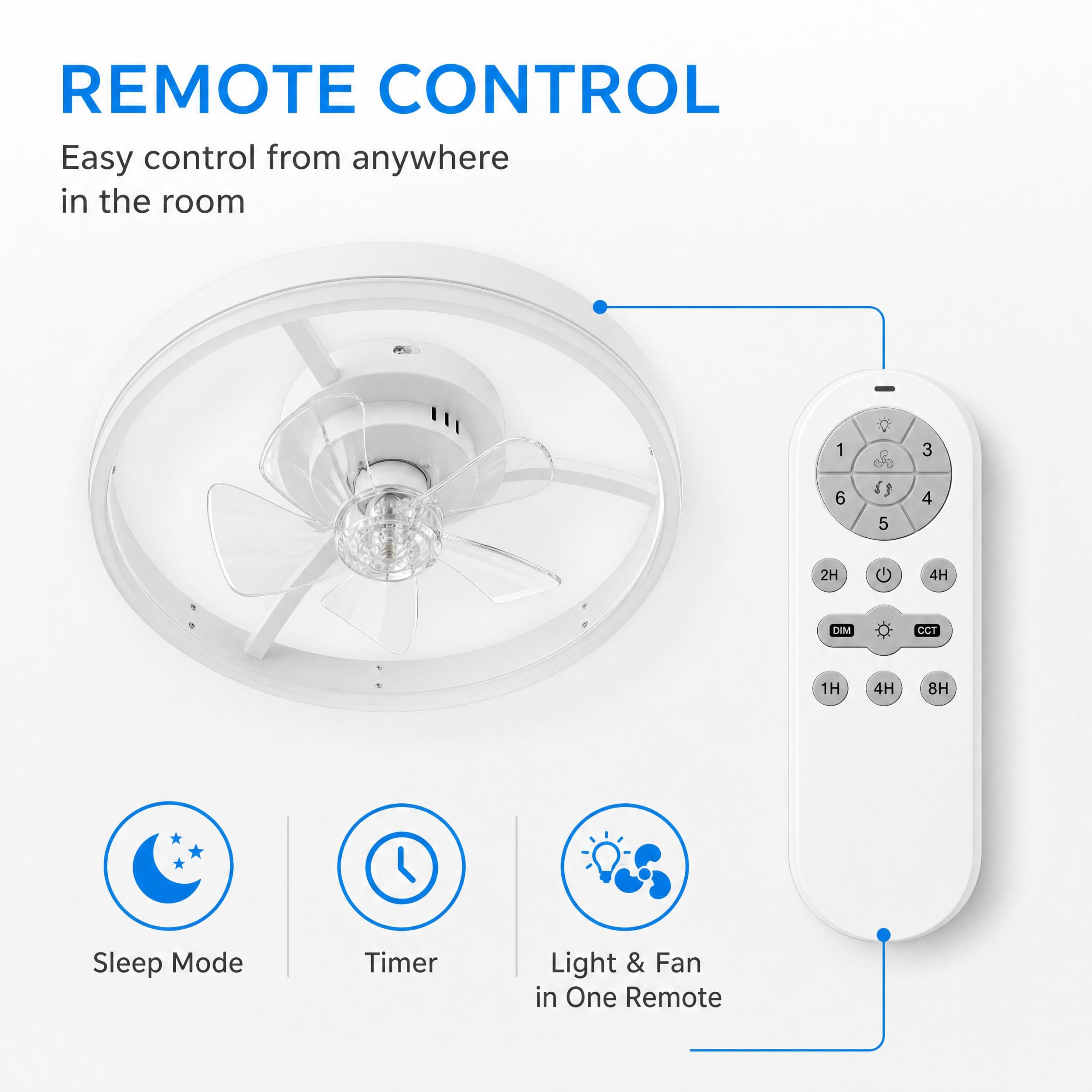 GarveeHome Leise Ventilator Deckenleuchte, Deckenventilator mit Beleuchtung LED, Dimmbar, 3 Farbtemperaturen, 6 Windstufen, Sommer/Winter-Umkehrfunktion, Timer & Schlafmodus, Fernbedienung