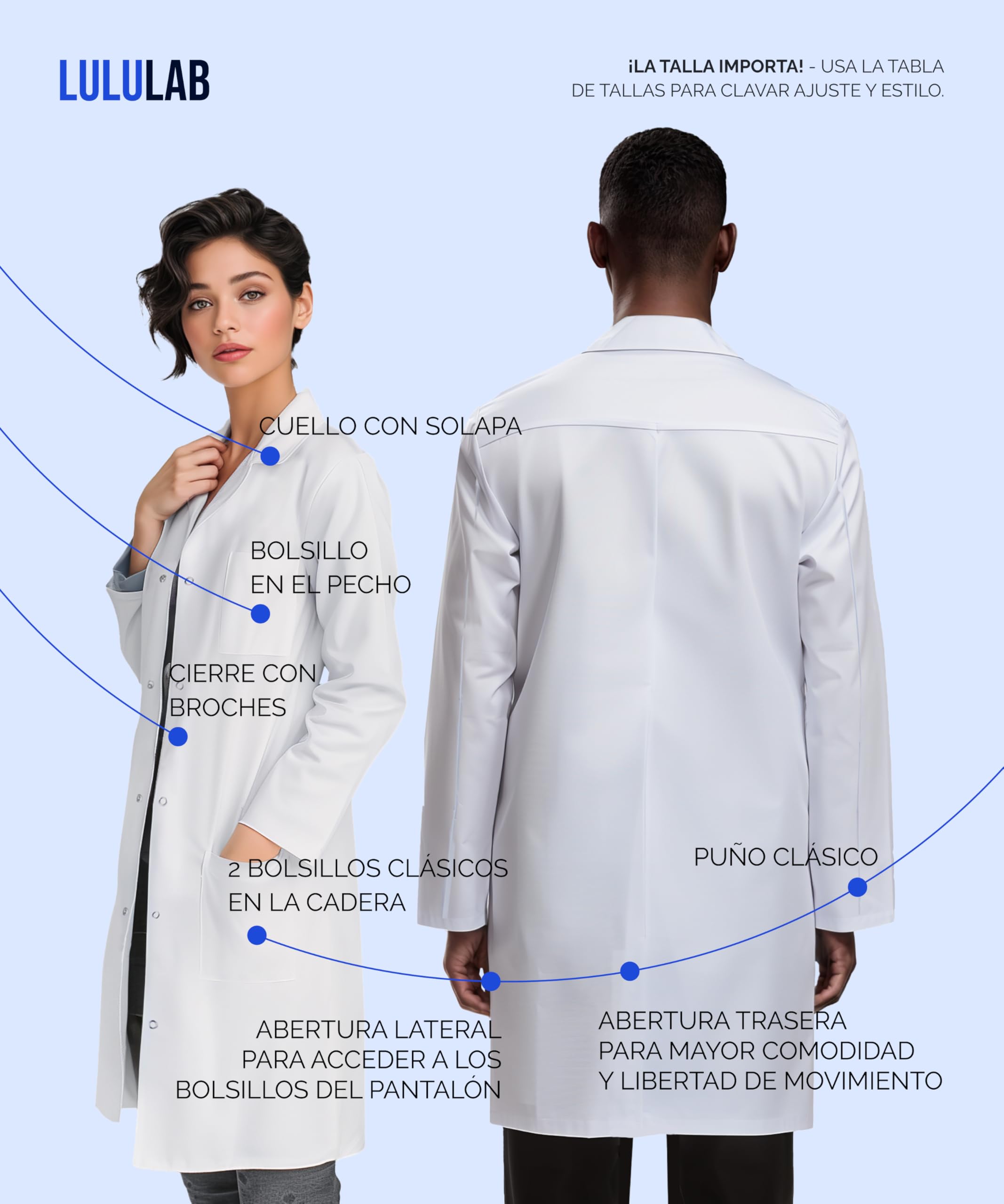 LuluLab Bata Profesional para Hombres y Mujeres, Estilo Unisex, múltiples Bolsillos, Ajuste Relajado, Cierre a presión