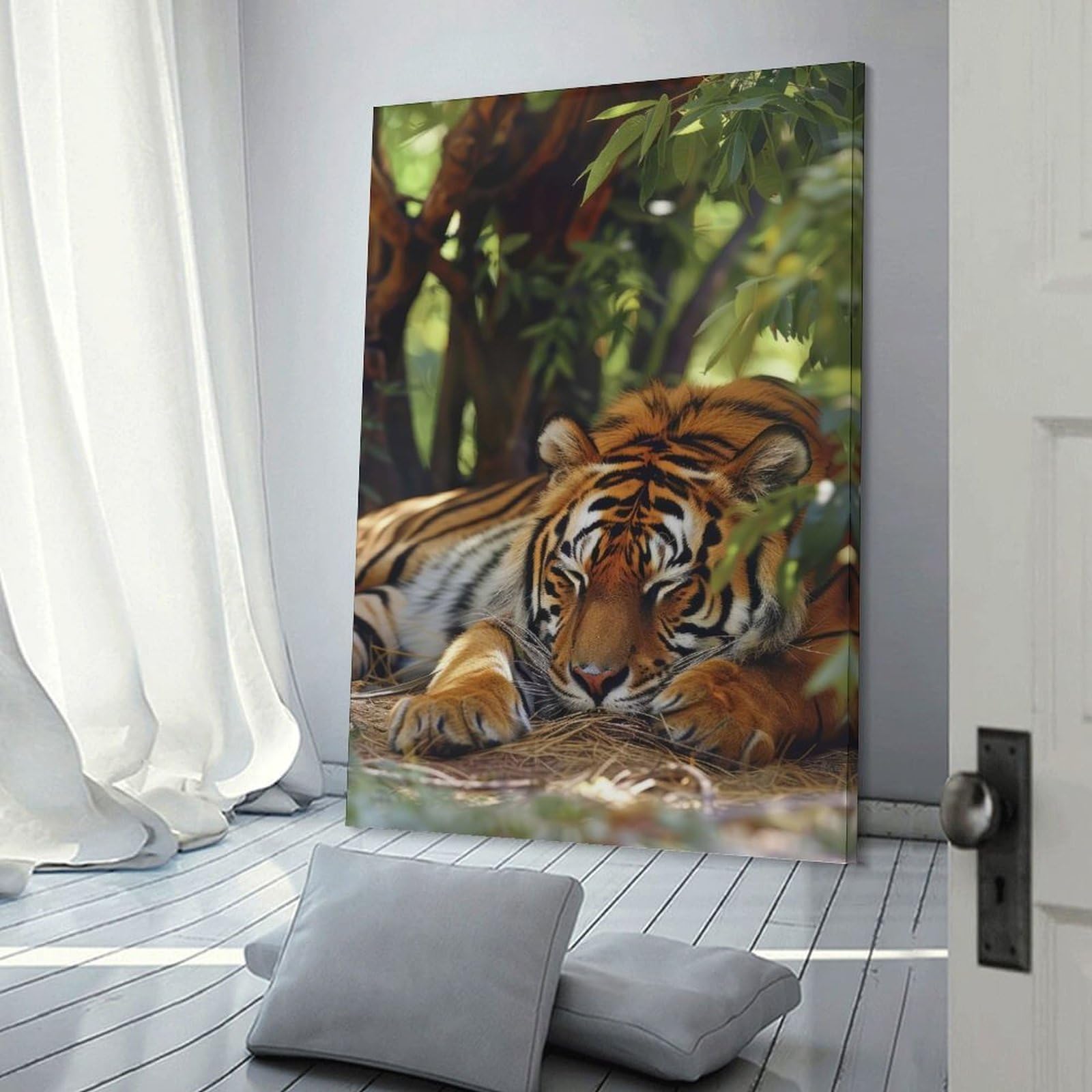 Junmoney Sleeping Tiger in Lush Foliage Decorative Wall Artwork, 24x36inch(60x90cm), for Home Lounge, Bedroom Or Reading Nook, Easy Decor for Gallery Walls