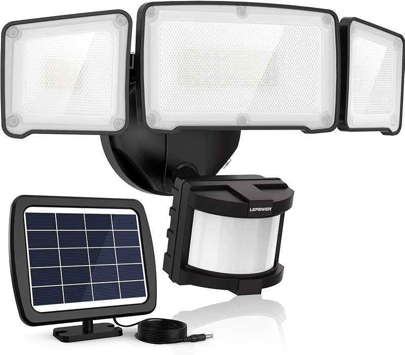 LEPOWER Luces solares de seguridad LED, sensor de movimiento PIR para exteriores, 1600 lm, patio | Luz diurna de 5500K, luz de inundación con sensor de movimiento de 72 pies y 180°, 3 cabezales ajustables, fácil instalación, IP65 resistente al agua para porche, patio, garaje