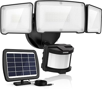 LEPOWER 1600LM LED Solar Security Lights Motion Outdoor, 5500K White Light, IP65 Waterproof Outside Flood Solar Light for Yard, GarageBlack