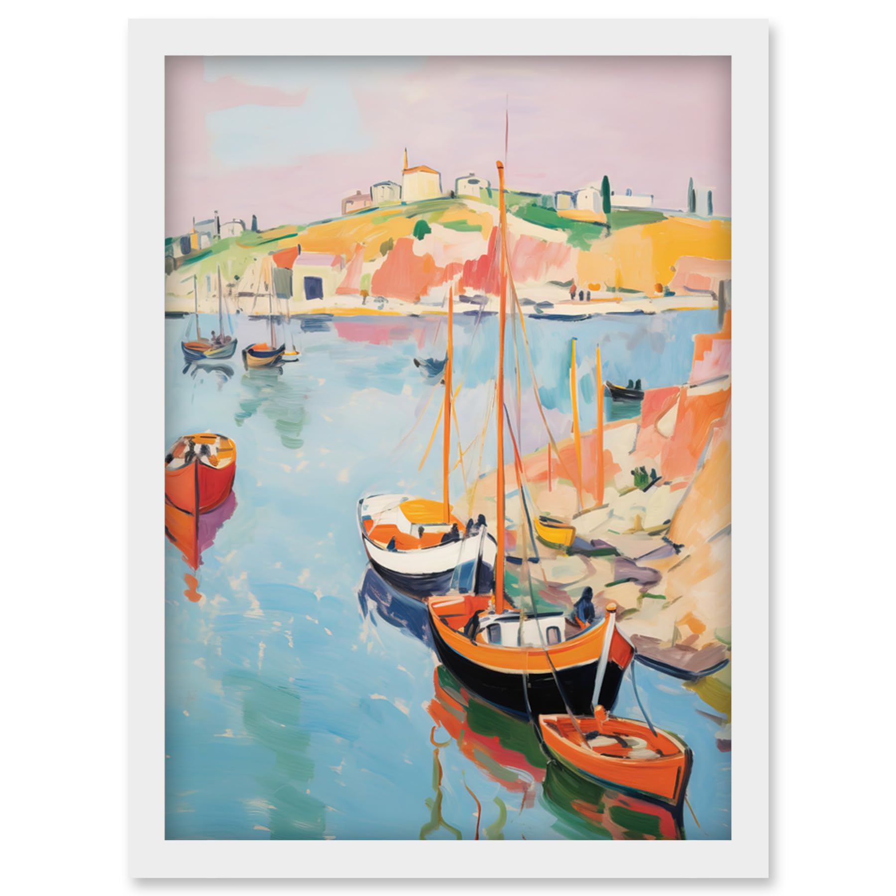 Boats in Harbour Fishing Village Coastal Landscape Abstract Framed Art Print A4