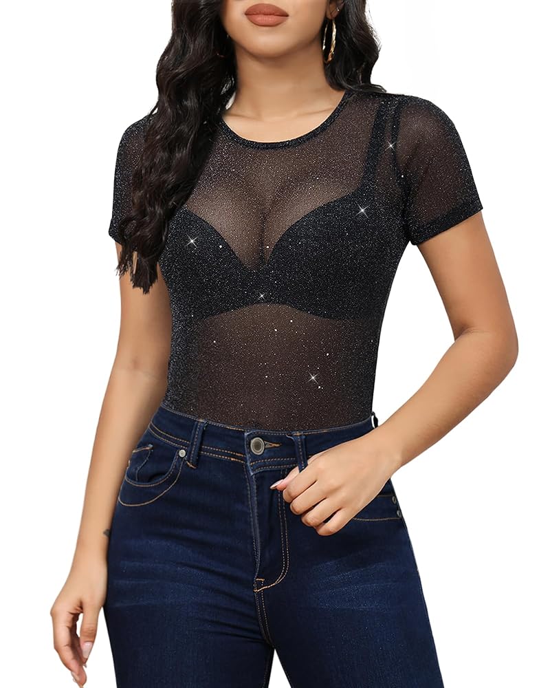 Allchic Glitter Sheer Mesh Tops for Women Short Sleeve