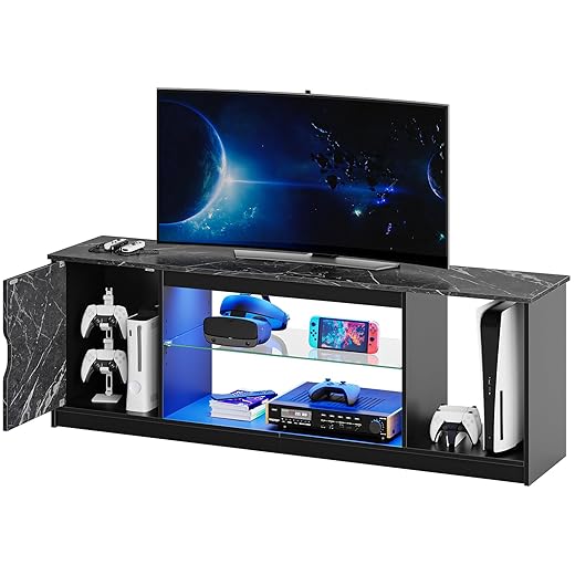 Bestier Led Entertainment Center for PS5, Gaming TV Stand with Cabinet for 60/65 Inch TV, Modern TV Console with Adjustable Glass Shelf for Living Room Easy Assembly Black Marble