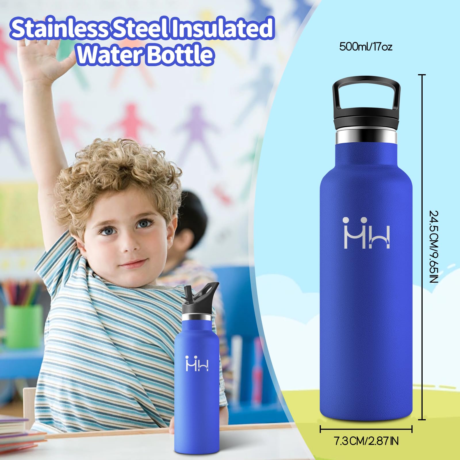 HoneyHolly Borraccia Termica Bambini 500ML, Senza BPA, Bottiglia Termica, Acciaio Inossidabile 18/8, Borraccia Con Cannuccia, A Prova Di Perdite, Borracce Per Scuola, Sport, Ufficio