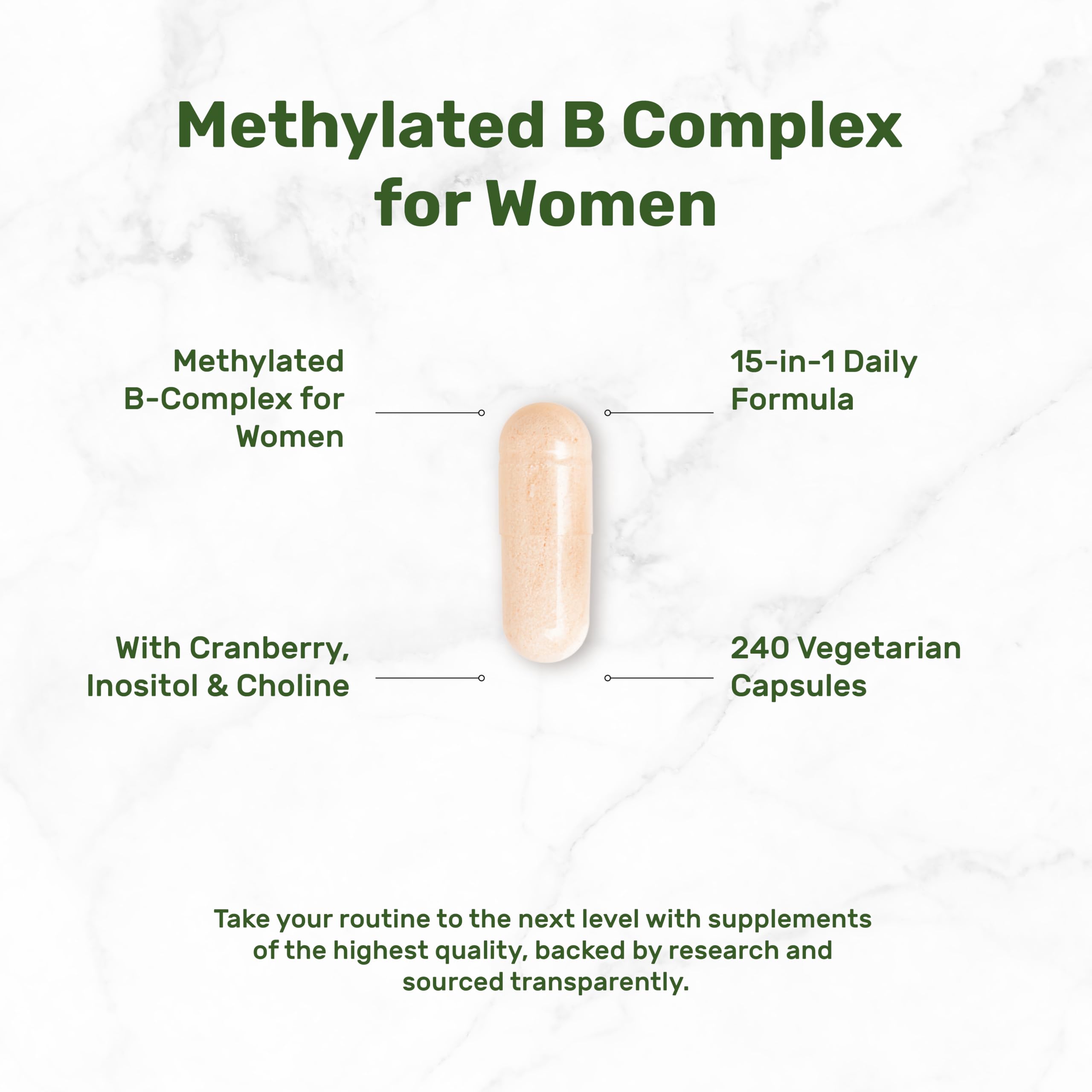 DEAL SUPPLEMENT Methylated B Complex for Women, 240 Vegetarian Capsules | 15-in-1 Bioactive Formula with Methylated & Activated B Vitamins Plus Inositol, Cranberry, Choline, PABA & DHEA | Non-GMO — Amazon image 3