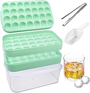Ice Cube Tray with Lid and Bin Round Ice Cube Trays for Freezer Sphere Mini Ice Mold 56PCS Circle Small Ice Balls Maker with Easy Release 2 Trays Ice Tongs and Spoon for Chilling Coffee and Whiskey
